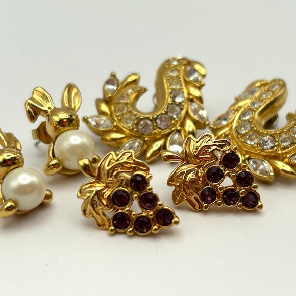 Vintage AVON 3 Pair Rhinestone Pierced Earrings Gold Tone 1990s Bundle - Picture 5 of 9